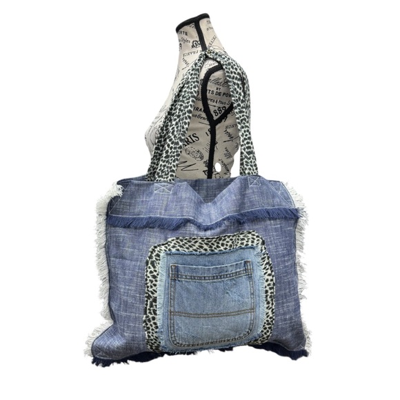 Blue Frayed Denim Tote Bag Leopard Straps Patchwork Jean Pocket - Picture 3 of 6